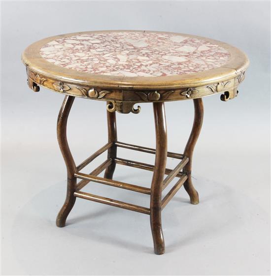 A Chinese hardwood and marble centre table, Diameter 3ft 2in. H.2ft 8in.